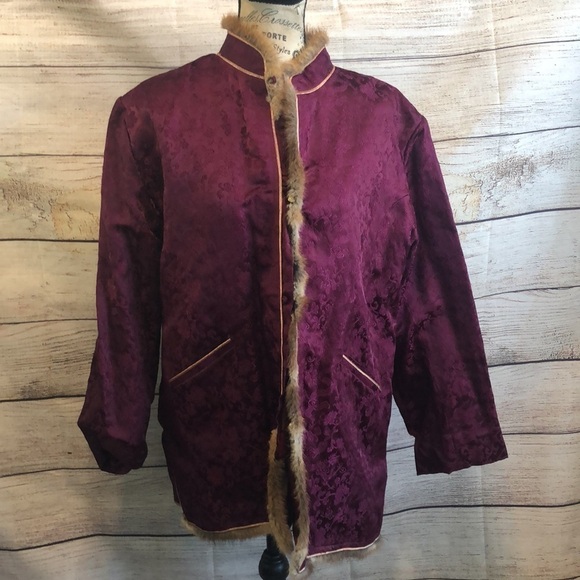 Fur Trimmed Plaid Brocade Jacket REVERSIBLE Button Down Handmade Funky Artsy - Picture 2 of 16